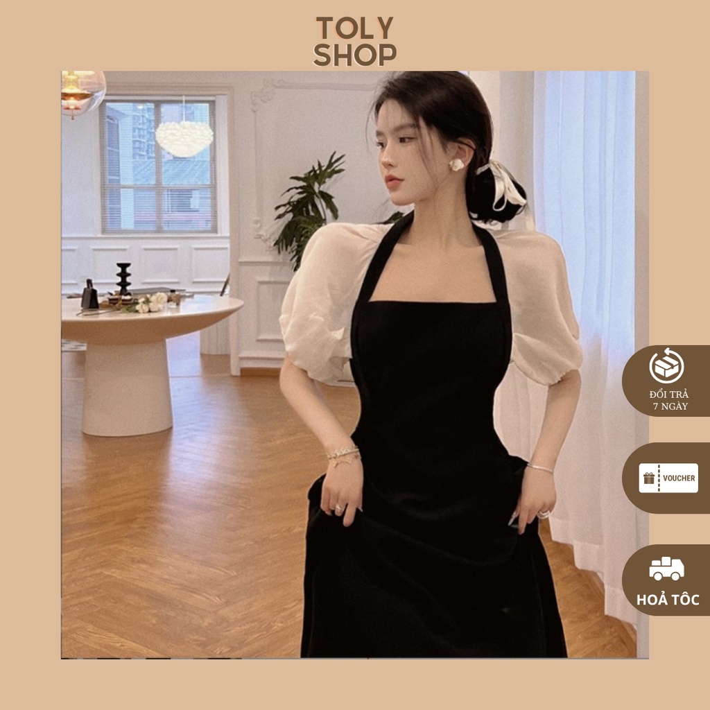 Váy tiểu thư dáng dài Đầm dự tiệc màu đen phối tay phồng màu trắng 2 size S M - TOLYSHOP