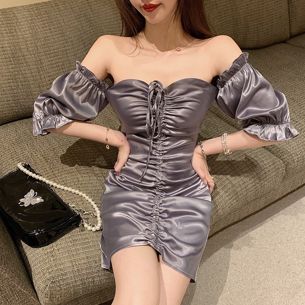 DUNEA Đầm Tay Phồng Phối Dây Rút Xếp Ly Phong Cách Pháp Trẻ Trung Cho Nữ