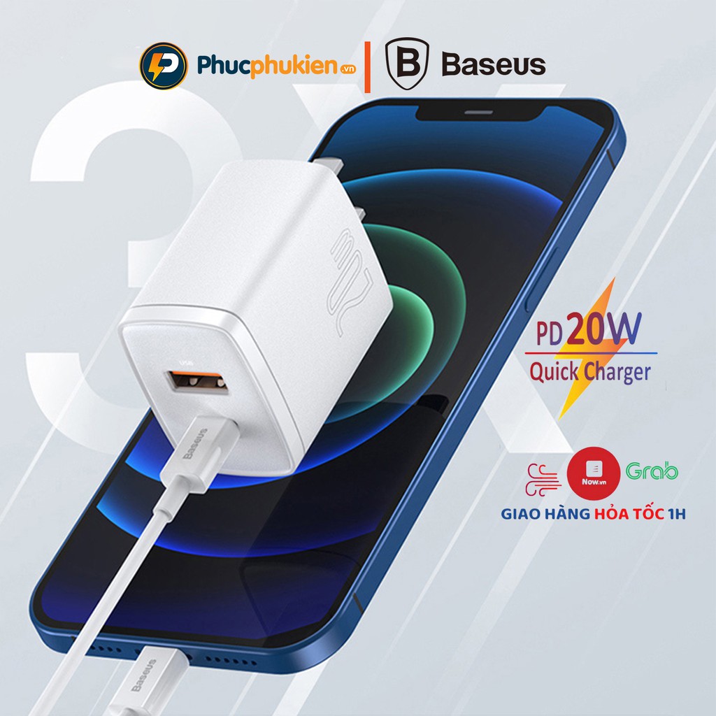Củ Sạc nhanh 20w chính hãng Baseus Compact 2 cổng sạc 20W chuẩn QC 3.0 và PD 3.0 cho 8 Plus đến 13 pro max Phúc Phụ Kiện
