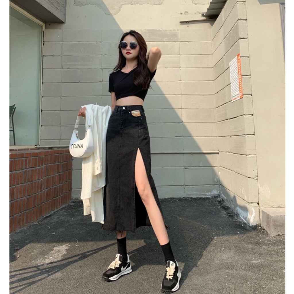 Jiashucheng Chân Váy Jean Chữ a Lưng Cao Xẻ Tà Thời Trang Mùa Hè Phong Cách Mới Cho Nữ