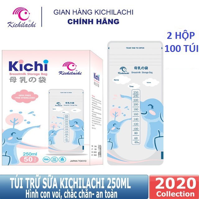 (2 Hộp) 100 túi trữ sữa 250ml không BPA, không mùi &amp; 2 khóa zip an toàn cho Bé KICHILACHI (Hình con voi dễ thương)