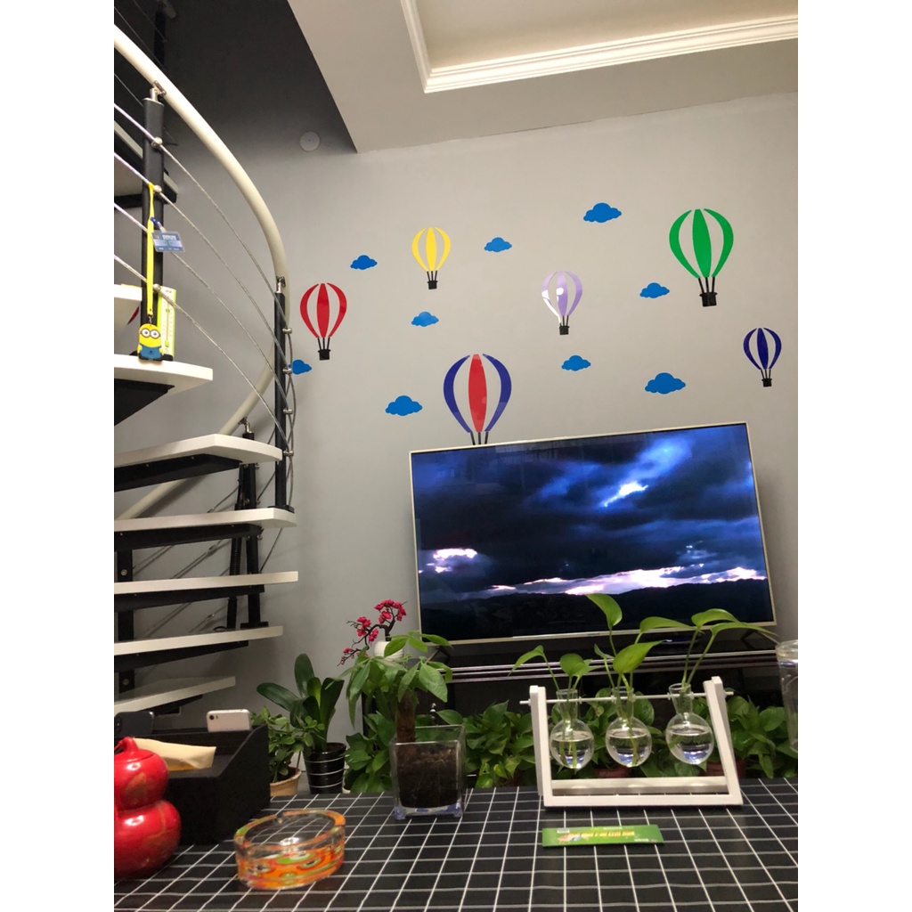 Tranh dán tường mica 3d decor khổ lớn khinh khí cầu dễ thương trang trí phòng cho bé Nhiều Size - EPeBen