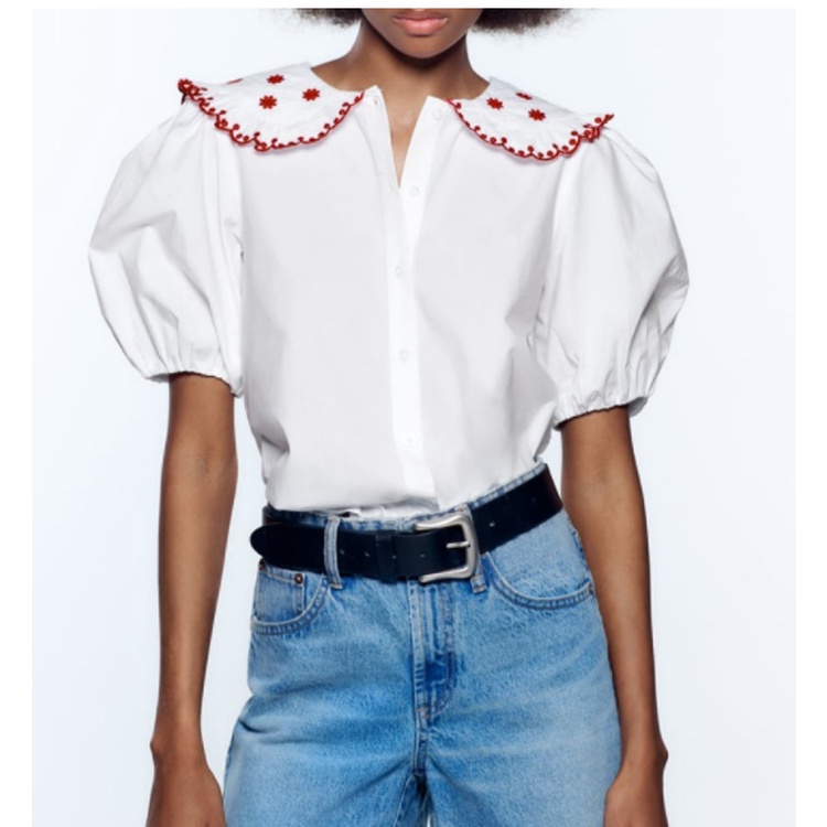 Zara Áo Sơ Mi Trắng Tay Phồng Thêu Họa Tiết Thời Trang Mùa Hè Cho Nữ 0881425Áo blouse