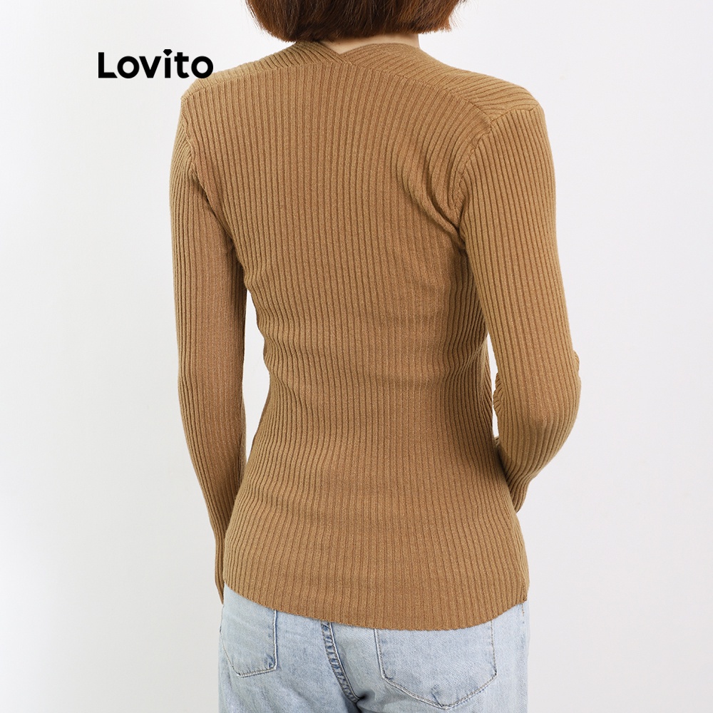Áo sweater Lovito dáng ôm tay dài cổ vuông giản đơn duyên dáng hợp thời trang L08219 (be/cà phê) | BigBuy360 - bigbuy360.vn