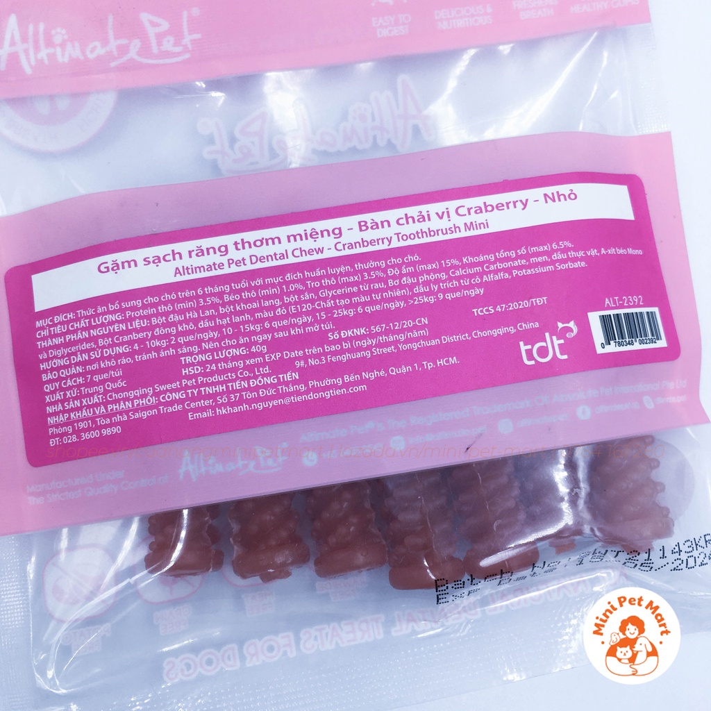 Xương gặm sạch răng thơm miệng cho chó dạng bàn chải ALTIMATE PET DENTAL CHEW (7 thanh) - vị bạc hà, sữa, cranberry