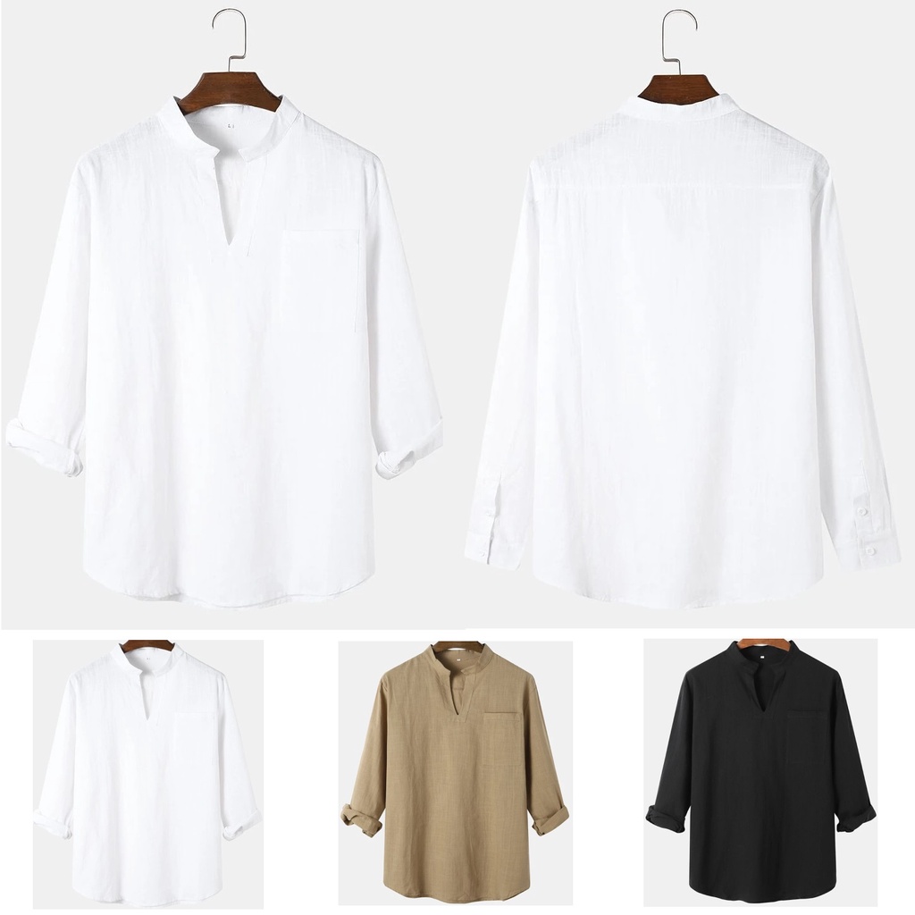 Áo Sơ Mi Nam Dài Tay Cổ Chữ V Vải Cotton Lanh