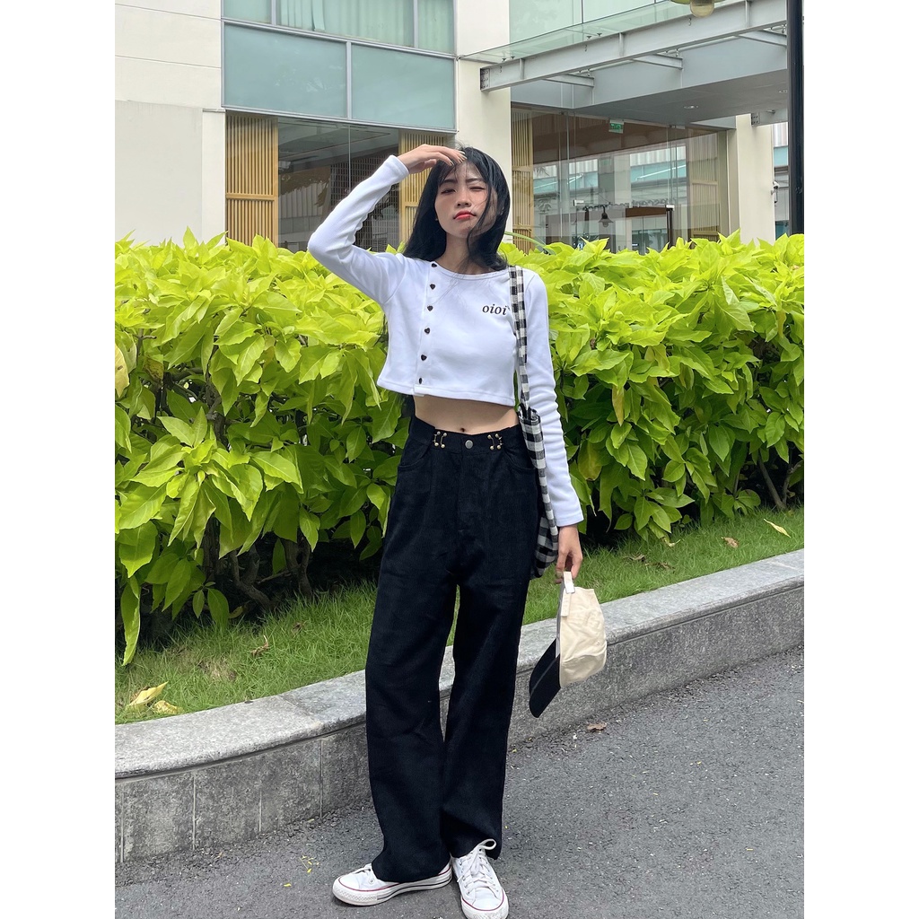 Áo Croptop Nữ Dài Tay OIOI Vải Thun Gân Phong Cách Ulzzang - Tuni Store