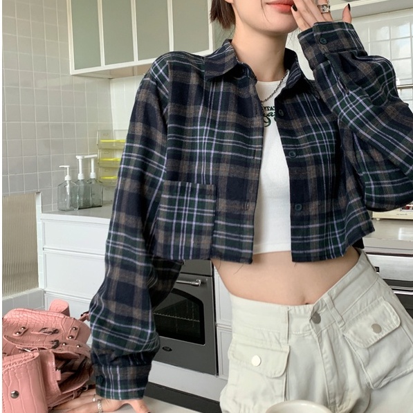 ZHELIHANGFEI Áo Sơ Mi Tay Dài Cổ Bẻ Họa Tiết Sọc Caro Phong Cách Retro