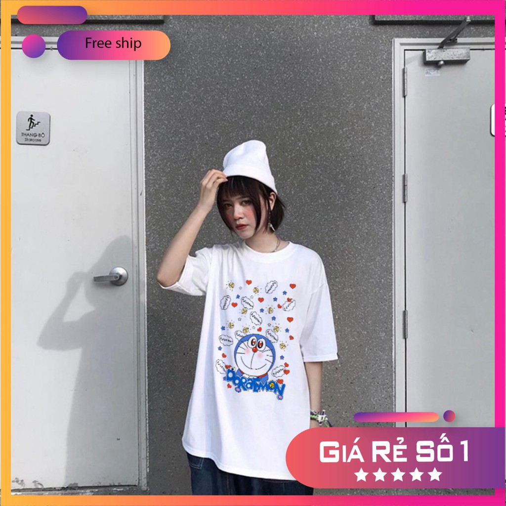 Áo Thun Tay Lỡ Unisex Form Rộng Nam Nữ DORAEMON Trắng Basic Tee Oversize