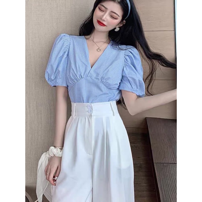 Áo sơ mi caro nhún ngực,tay bồng