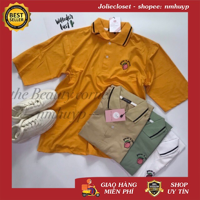 ÁO THUN UNISEX CỔ POLO FORM RỘNG TAY LỠ THÊU HÌNH QUẢ ĐÀO