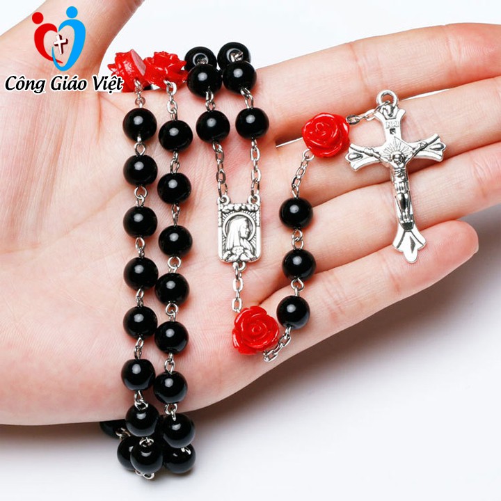 Chuỗi mân côi thánh giá 50 hạt điểm hoa hồng sang trọng, tràng hạt mân côi Công Giáo hạt giả ngọc trai thời trang