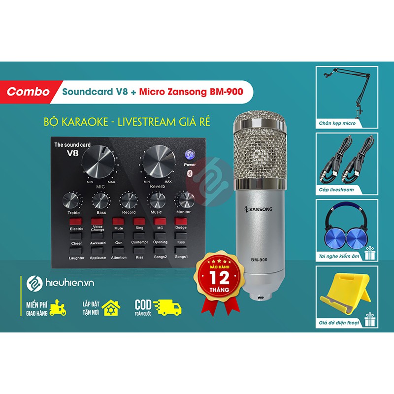 Combo Micro BM 900 ZanSong + Sound Card V8 – Thu âm hát live stream, karaoke giá rẻ