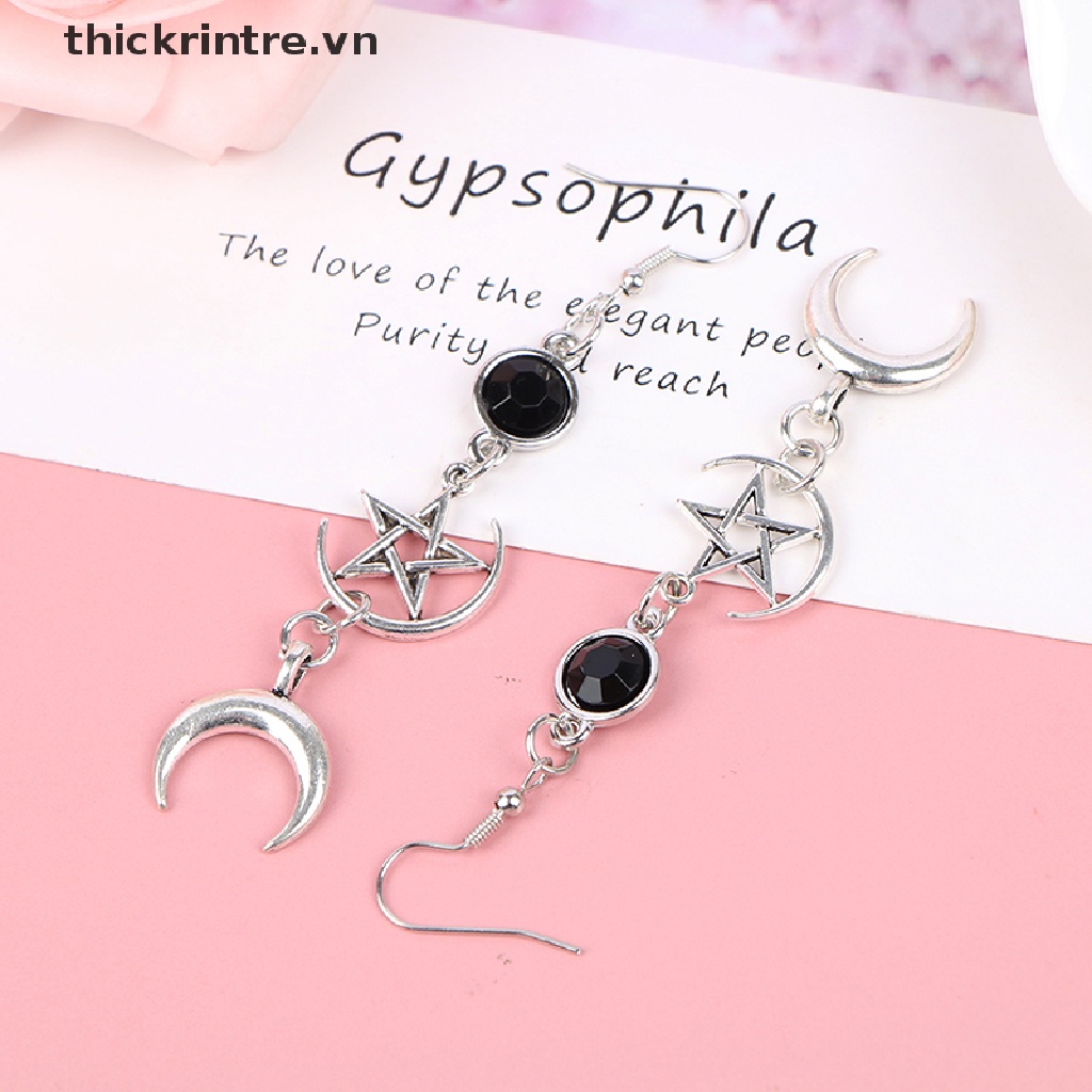 Bông Tai Đính Đá Đen Và Ngôi Sao Mặt Trăng Phong Cách Gothic