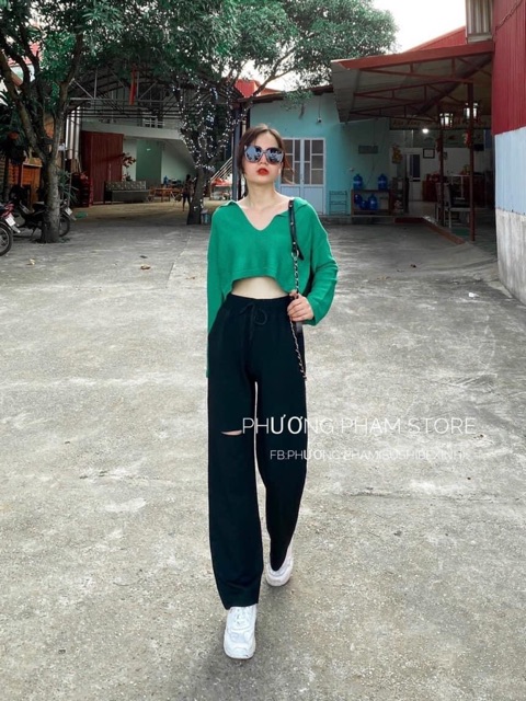 Áo croptop dệt kim tay dài cổ chữ V thời trang phong cách Hàn Quốc