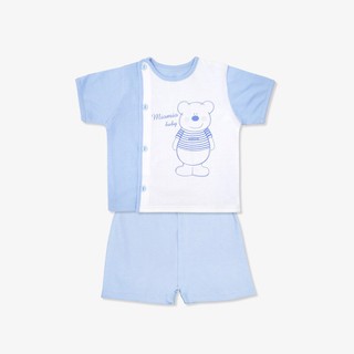 Bộ quần áo sơ sinh tay ngắn Miomio. Màu xanh, màu hồng in hình gấu teddy(Size từ 1 tháng đến 24 tháng) *chất liệu 100%co