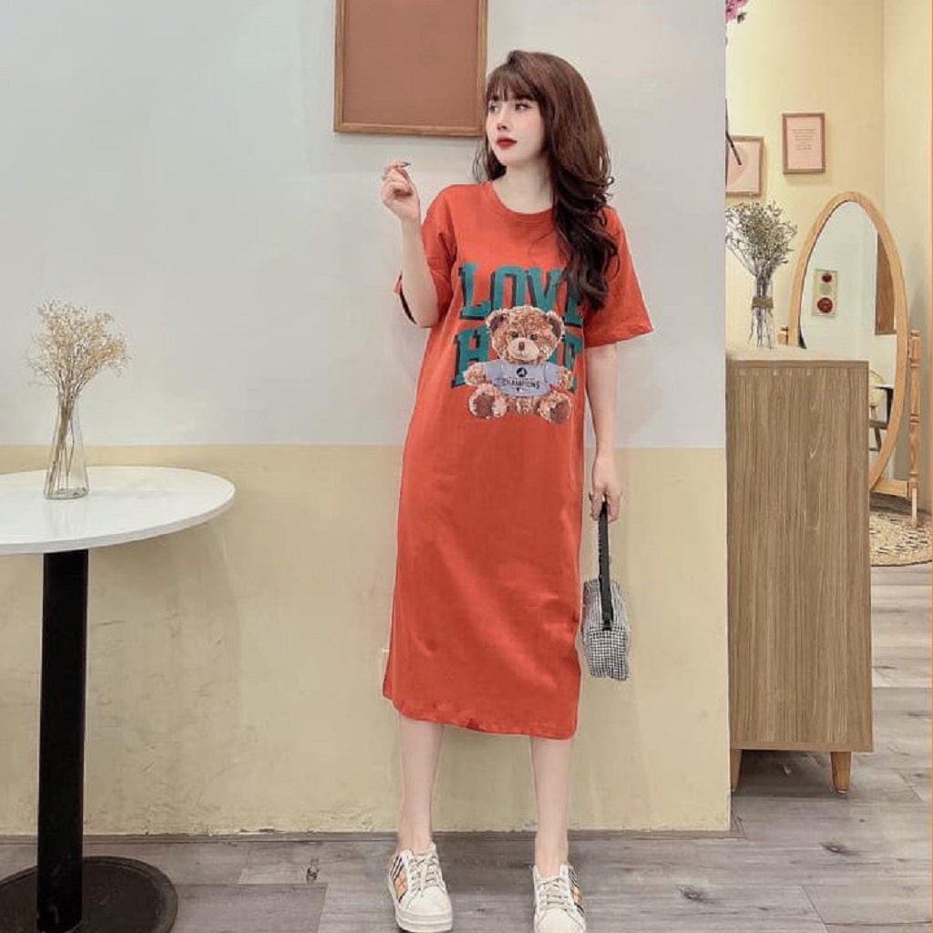 Đầm suông dài , váy suông bầu chất cotton Gemmy House in hình Love bear