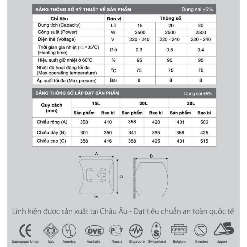 Bình nóng lạnh Rossi 15L,20L,30L