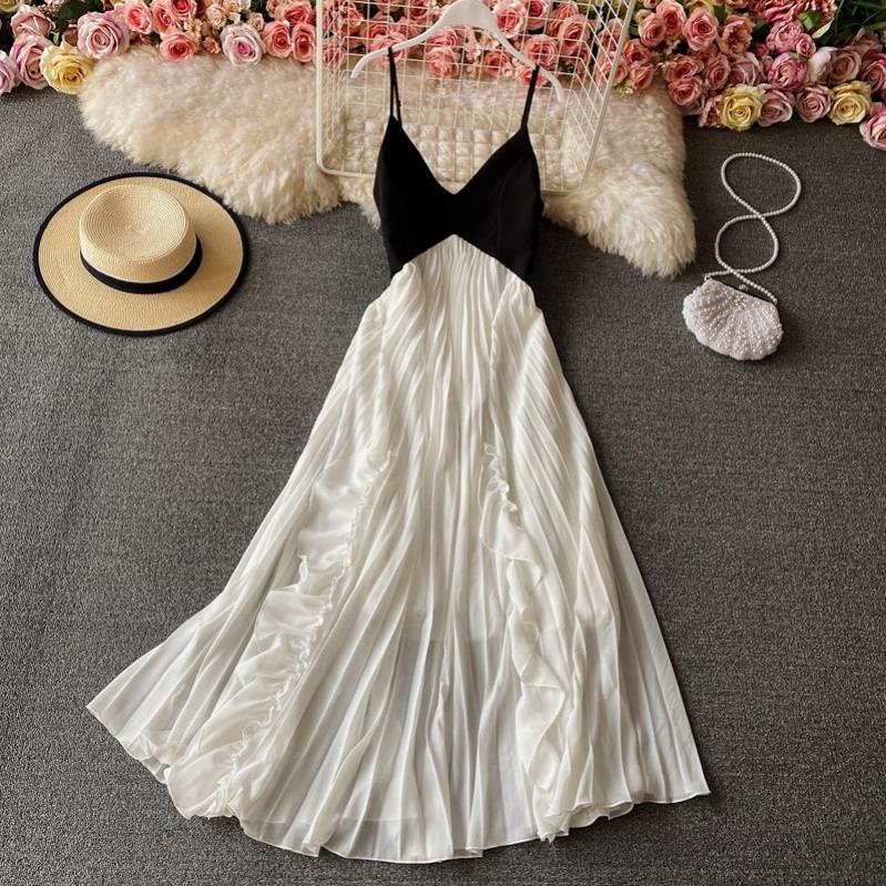 ঔৣ M154 - Váy maxi voan Ulzzang hai dây cổ V viền bèo hở lưng xếp ly sang trọng có Bigsize ঔৣ