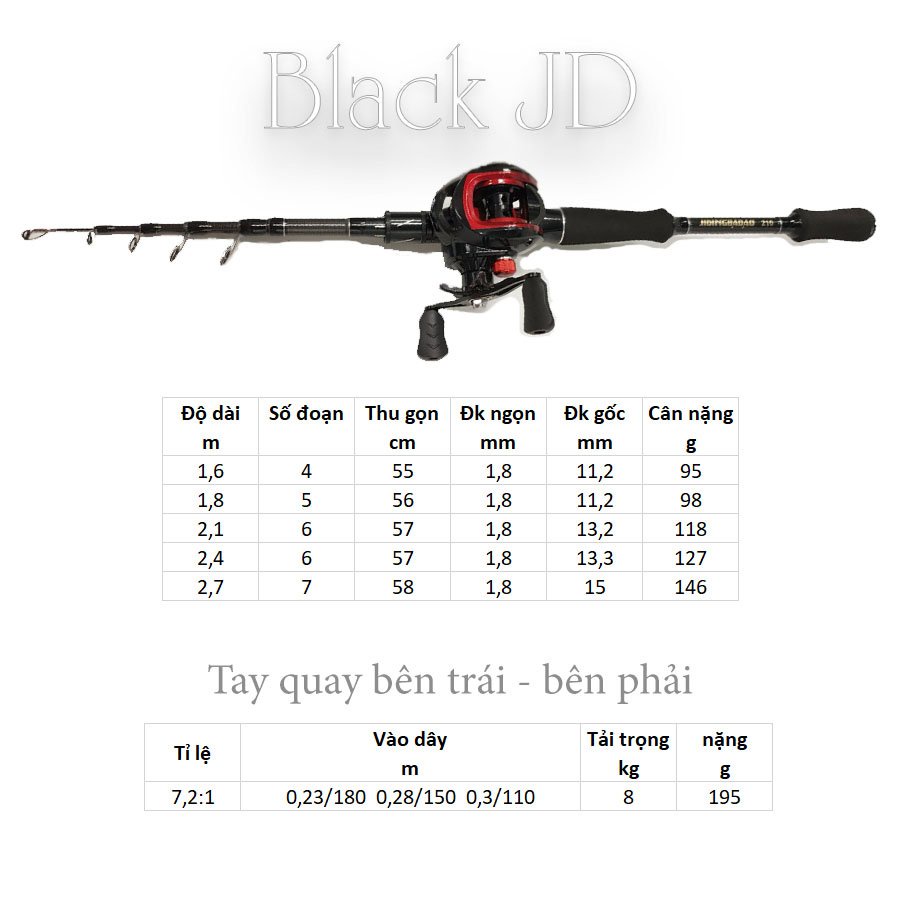 Bộ cần câu lure máy ngang JD rút gọn 60cm chất liệu carbon kèm dây và hộp mồi lure BCM13