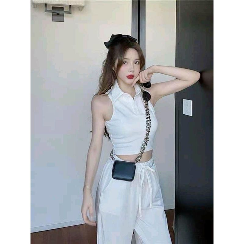 Áo croptop ba lỗ cổ bẻ cúc thật a3