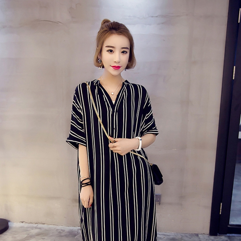 Đầm Sơ Mi Voan Họa Tiết Kẻ Sọc Thời Trang Dành Cho Nữ Size M-4Xl