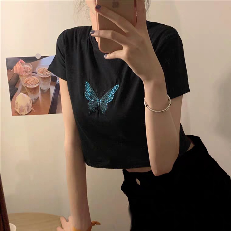 ÁO KIỂU NỮ - ÁO THUN CROPTOP THÊU HÌNH CÁNH BƯỚM XINH TRẮNG ĐEN