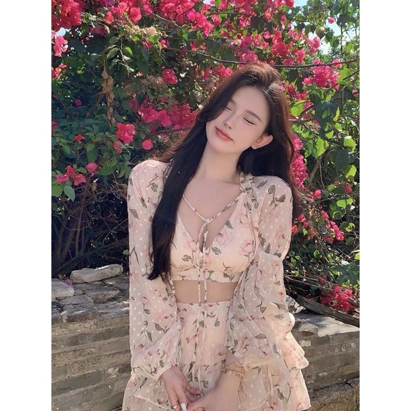 SẴN S | Set áo croptop voan hoa + chân váy xoè 2 tầng