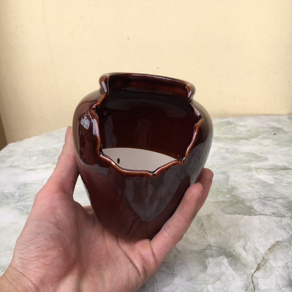 Chậu bonsai Chum khoét nâu cánh gián gốm Bát tràng 1 size BM-164