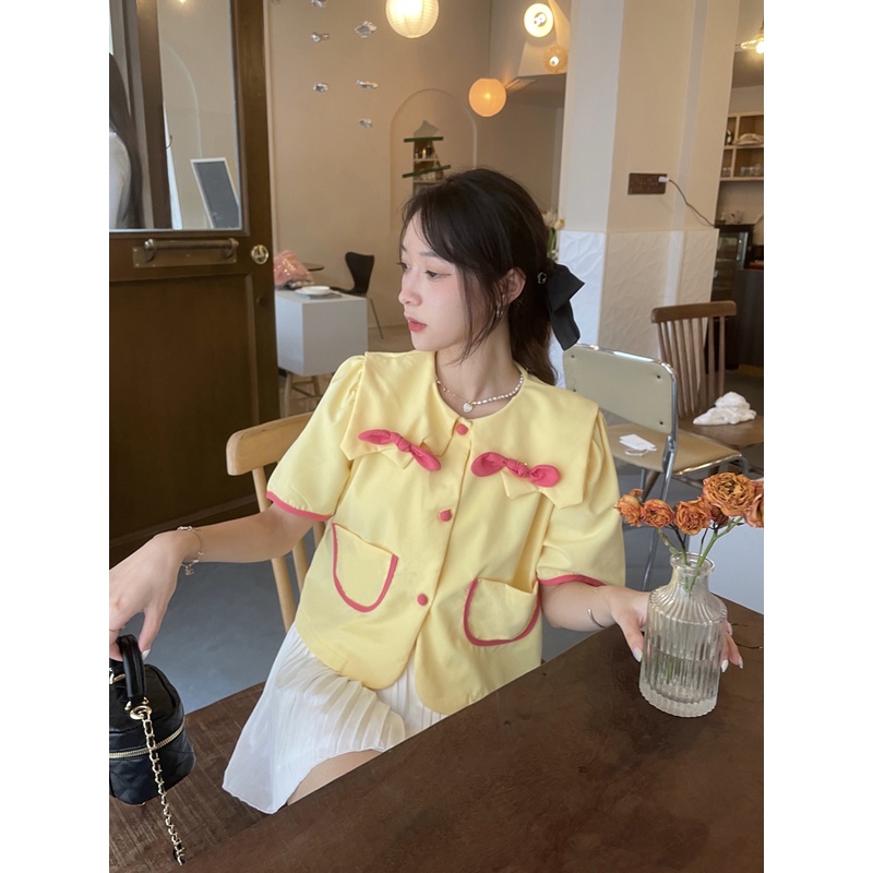 Áo Sơ Mi Tay Ngắn Phồng Cổ Búp Bê Dáng Rộng Đính Nơ Dễ Thương Cho Nữ