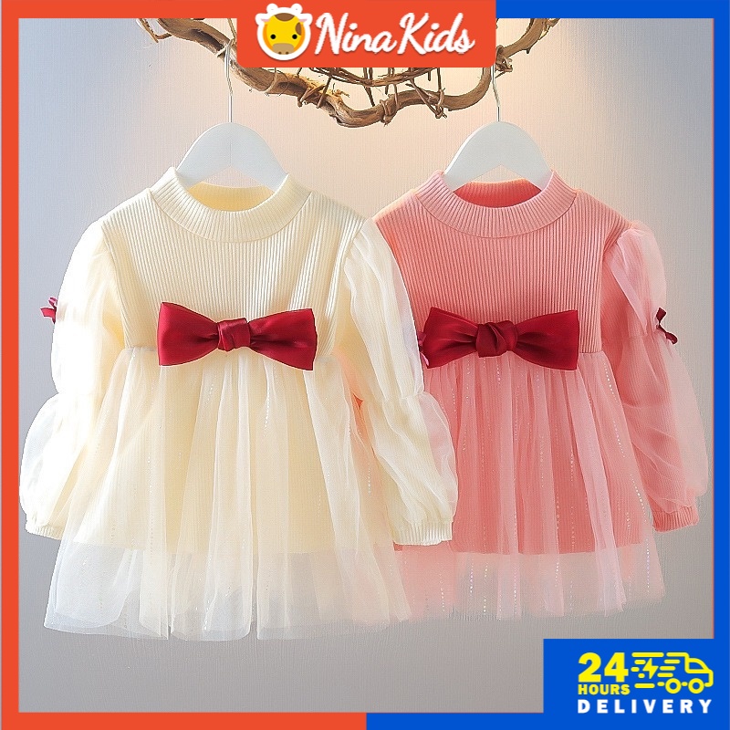 Đầm Công Chúa Tay Dài Phồng Bằng Vải Gauze Cổ Thuyền Có Nơ Cho Bé Gái 0-4 Tuổi