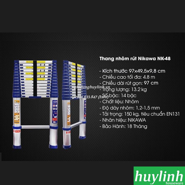 Thang nhôm rút đơn Nikawa NK-48 NEW - 4.8 mét - Tặng đệm cao su