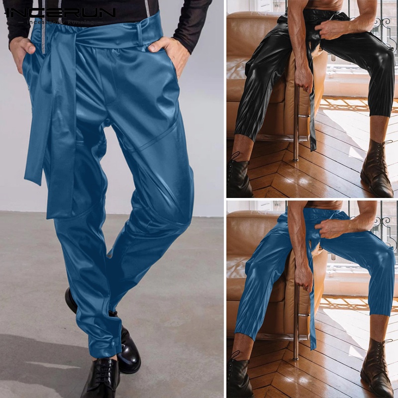 Quần da INCERUN dáng dài lưng thun thắt cột dây 2 màu đơn giản tùy chọn cho nam