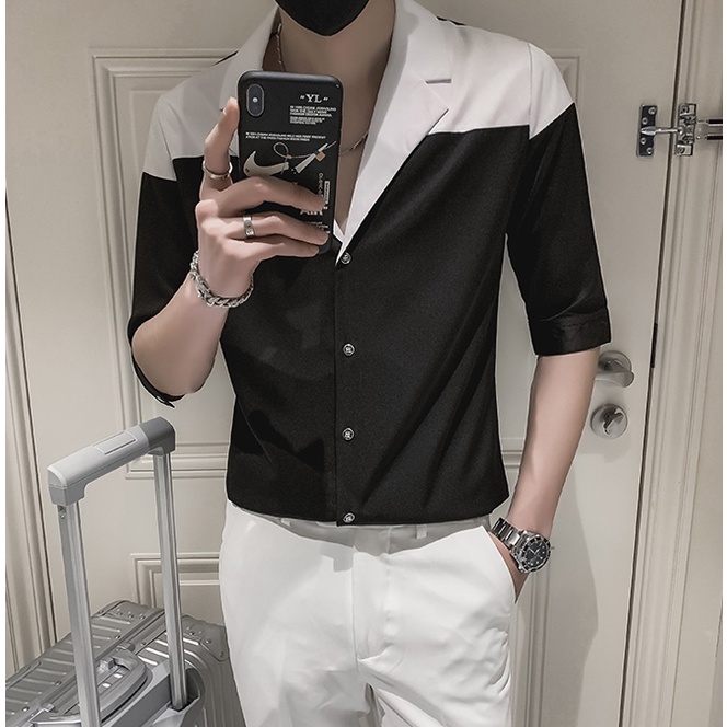 Áo sơ mi nam đen phối trắng Classic Cổ Vest, sơmi phong cách Hàn Quốc lịch lãm SH031 | BigBuy360 - bigbuy360.vn