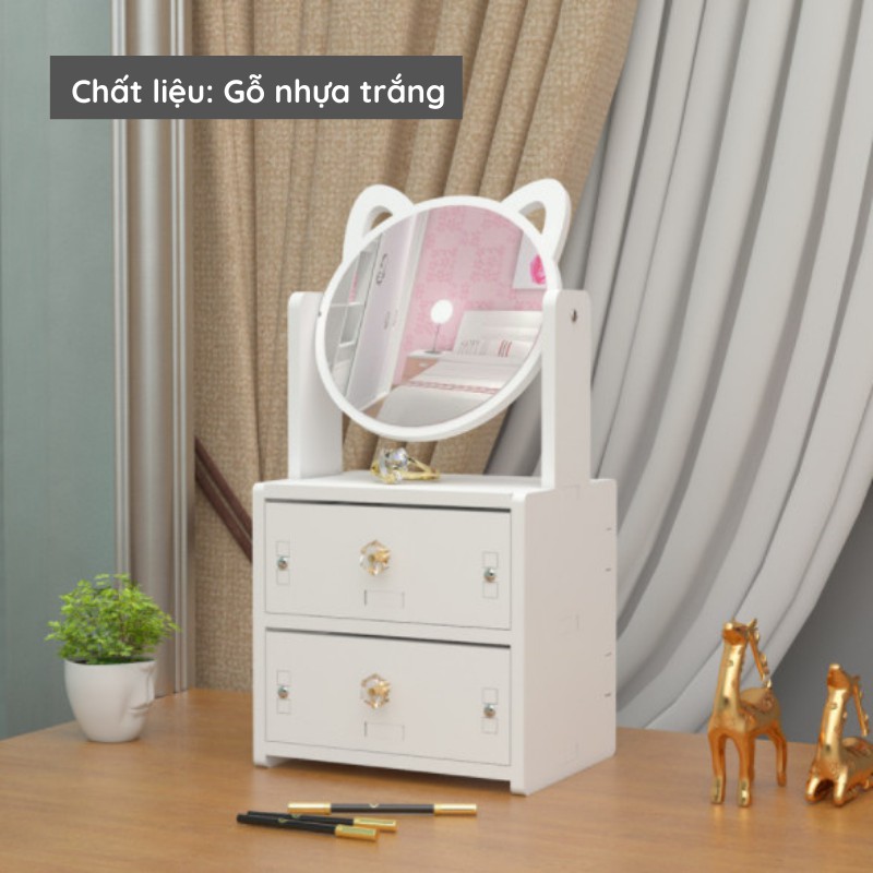 Kệ đựng mỹ phẩm mini màu trắng để bàn 2 ngăn kéo có gương tai mèo để đồ trang điểm ngăn nắp tiện lợi