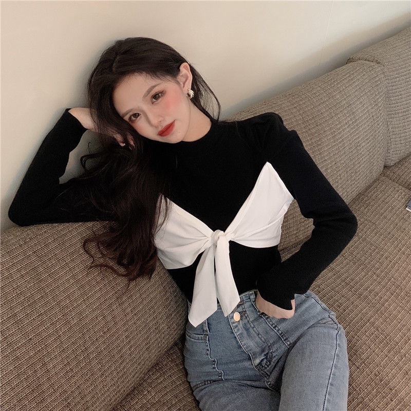 Áo thun nữ IELGY tay dài dáng ôm phối nơ dễ phối đồ