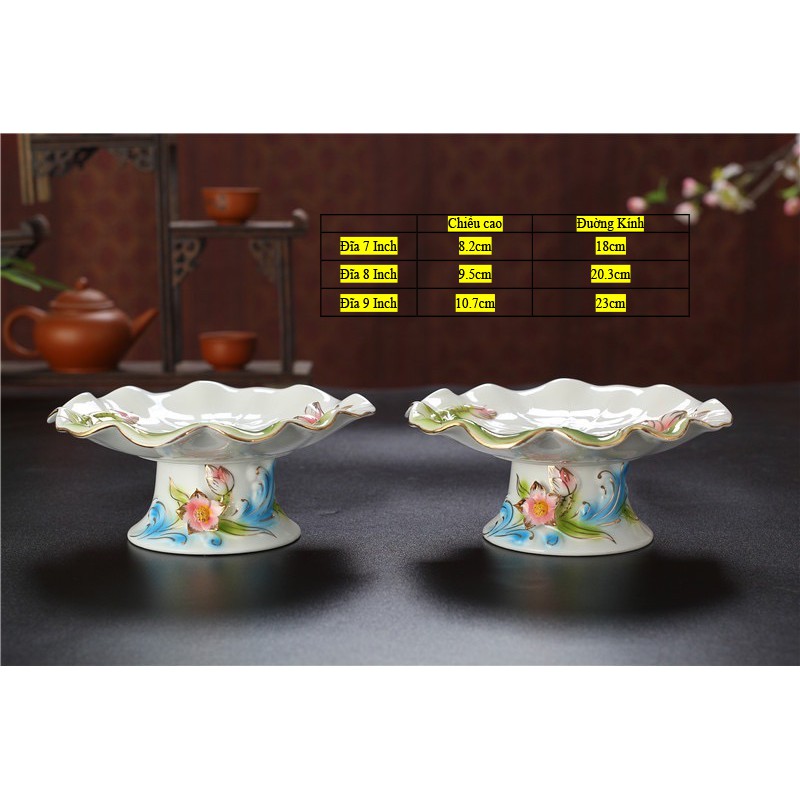 Đĩa Thờ Cúng - Set Đồ Thờ Phụng Bạch Ngọc Kim Sen Xanh Cao Cấp