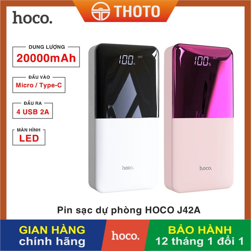 Pin sạc dự phòng di động HOCO J42A dung lượng cao 20000mAh đầu ra 4 cổng USB 2A, màn hình LED - Hàng chính hãng