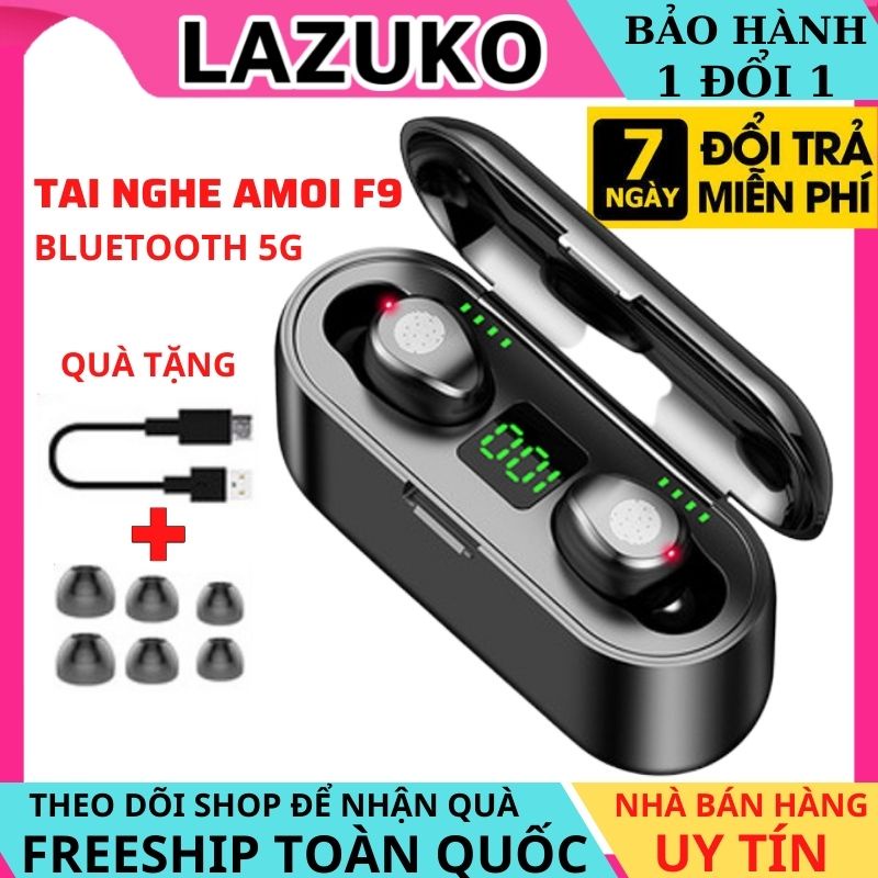 Tai nghe Bluetooth amoi F9 5.0 không dây chống nước IPX7 cảm ứng vân tay tích hợp chống ồn kiêm sạc dự phòng-LAZUKO.Amoi
