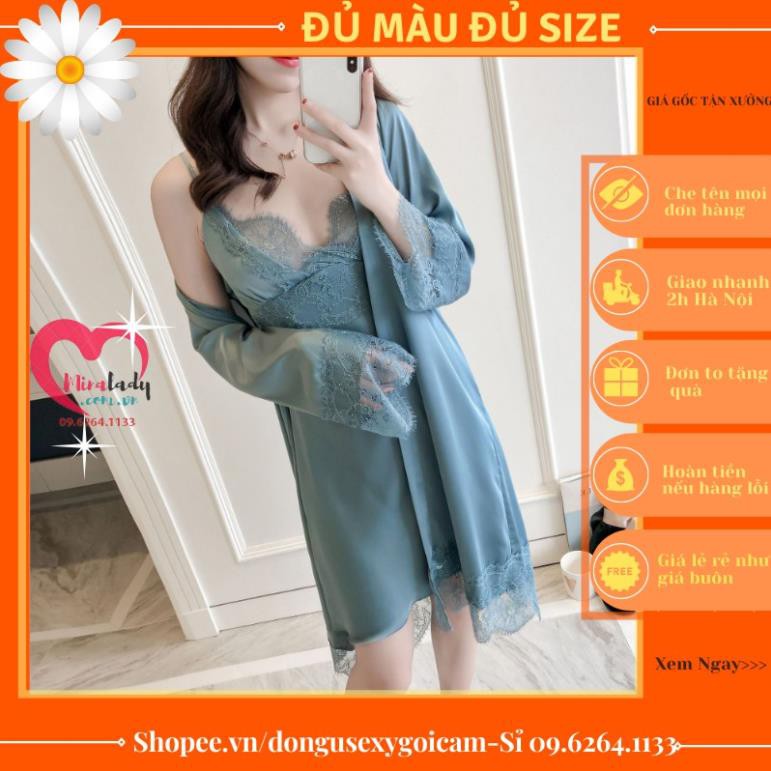 Váy Ngủ Hai Dây Lụa Satin Sexy Có Mút Ngực Cao Cấp Đầm Váy Mặc Nhà Gợi Cảm Quyến Rũ -Kèm Áo Choàng Ngủ Lụa Có Bán Lẻ 💃