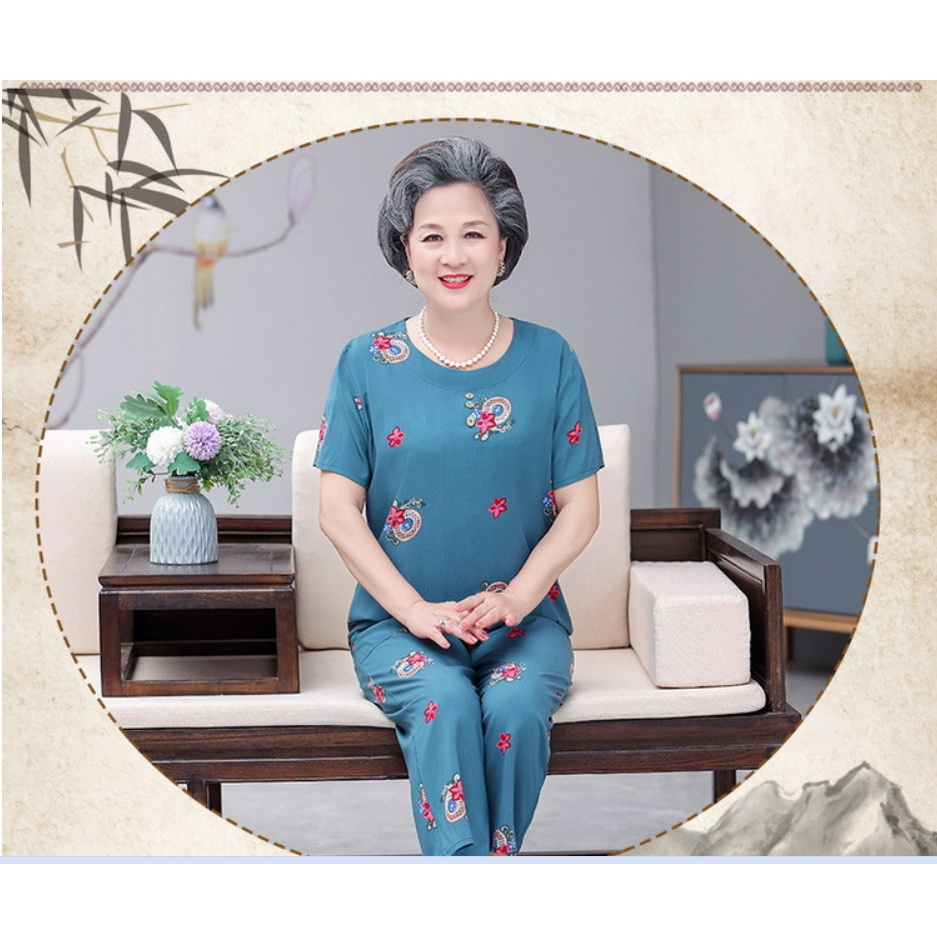 (HÀNG SẴN) Bộ Đồ Mặc Nhà Cotton Lụa Mềm Mát Cho Bà Cho Mẹ AB14 - Hàng Quảng Châu Cao Cấp