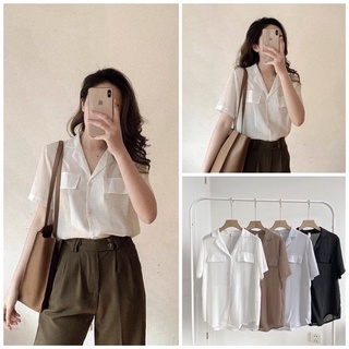 Áo sơ mi cổ vest cộc tay nữ - áo sơ mi công sở chất vải gân hàng quảng châu-2630