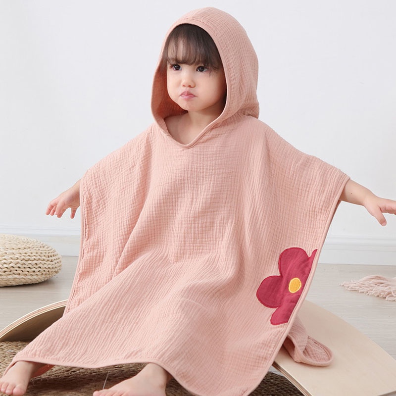 Khăn Choàng Tắm Trùm Đầu Vải Gạc Cotton 4 Lớp Thấm Hút Nước Nhanh Khô Có Mũ Trùm Đầu Cho Trẻ Em