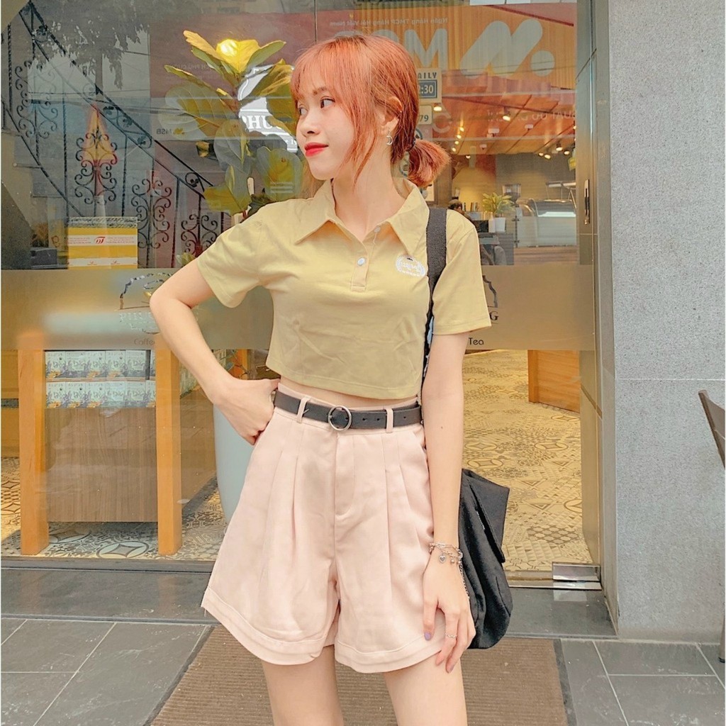 [Có ảnh thật] Áo croptop cổ bẻ in logo cute | BigBuy360 - bigbuy360.vn