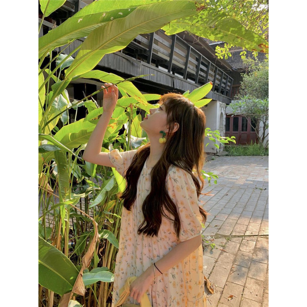 Đầm - Váy babydoll hoa nhí dáng xòe cổ tròn tay bồng ulzzang