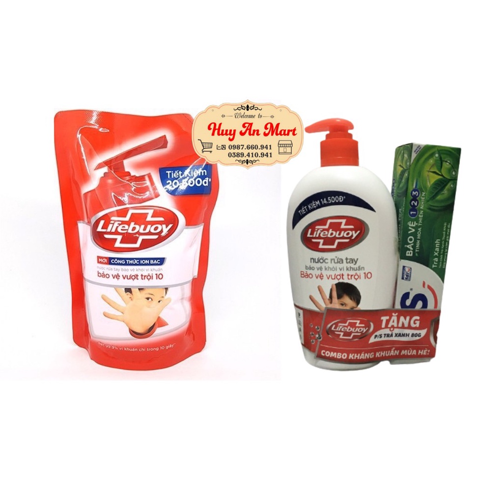 Nước rửa tay Lifebuoy bảo vệ vượt trội 500g tặng kèm kem đánh răng PS Trà xanh 80g