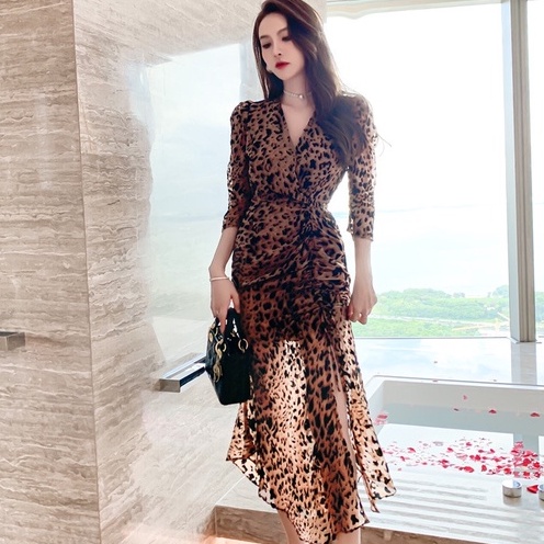 Váy Nữ Dáng Ôm - Đầm Body Rút Dây Họa Tiết Da Báo 2 Lớp Chất Voan Lụa Cao Cấp