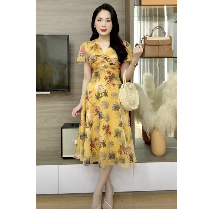 Váy xòe cổ V nhún ngực họa tiết hoa nữ tính, thanh lịch ZYM'S HOUSE K1247, K1248