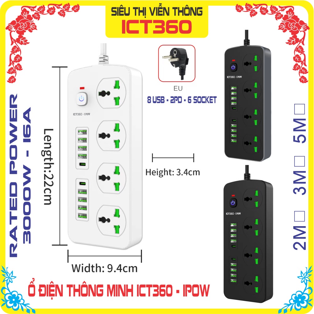 Ổ điện thông minh ICT360-IPOW IP-T91 8 Cổng usb, 4 Cổng AC, 2 Cổng PD