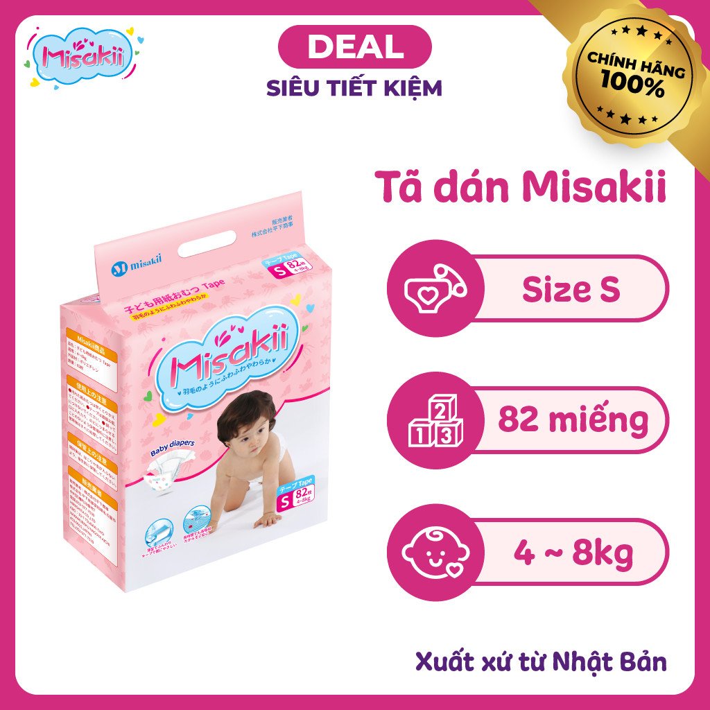 Bỉm Misakii [FREESHIP] Misakii Nhật Bản - Bỉm Siêu Mỏng Thấm Hút Tôt - Size Dán Quần NB90/S82/M64/L54/M58/L44/XL38/XXL26